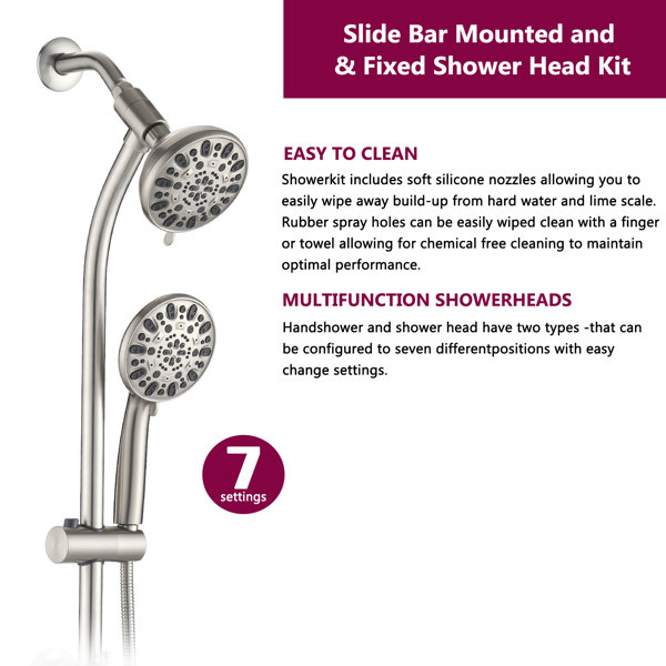 MAXWELL Slide Bar Combo Rain Showerhead 7Setting Hand, Dual Shower